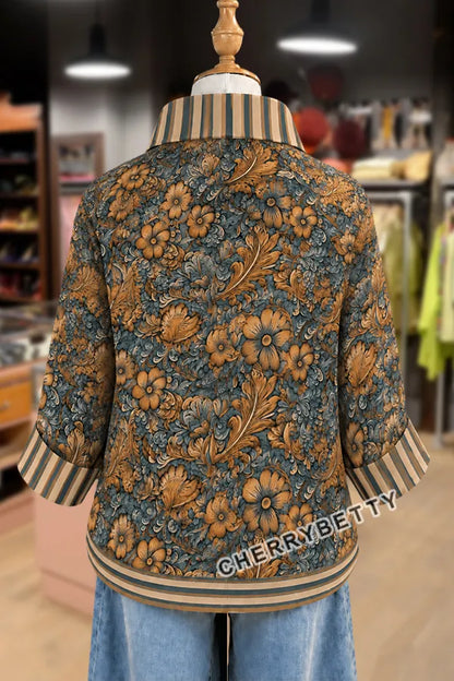 Vintage Floral Print Striped Collar Three Quater Sleeve Blouse