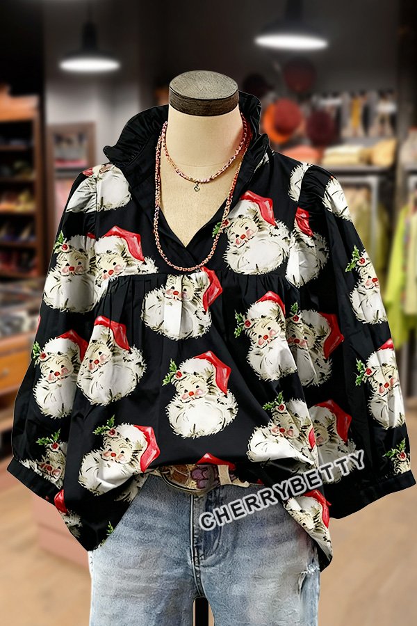 Christmas Santa Print Ruffle V-Neck Blouse