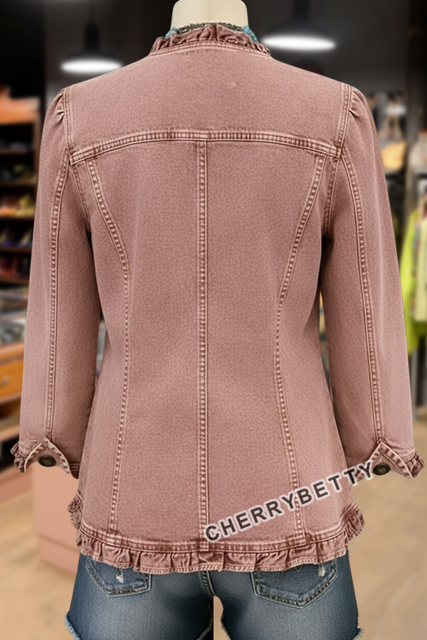 Solid Ruffle Trim Denim Jacket