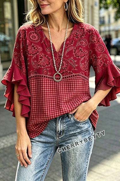 Mixed Paisley Gingham Print Ruffle Sleeve Hollow ut Top