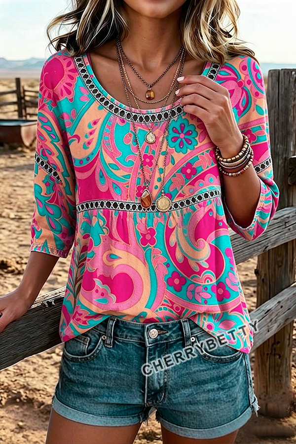 Colorful Paisley Floral Print  Hollow Out Cotton Top