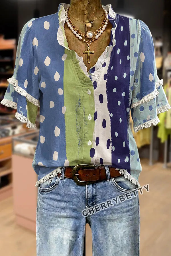 Mixed Polka Dot Print Ruffle Neck Frayed Hem Top