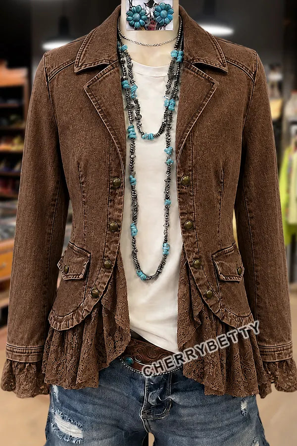 Solid Collar Long Sleeve Lace Ruffle Hem Jacket