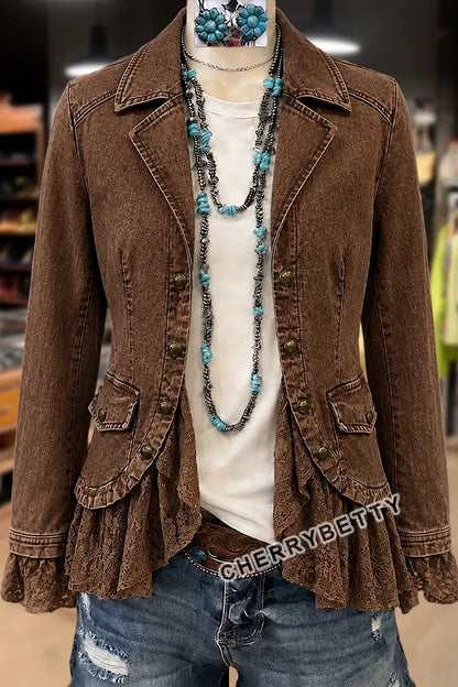 Solid Collar Long Sleeve Lace Ruffle Hem Jacket