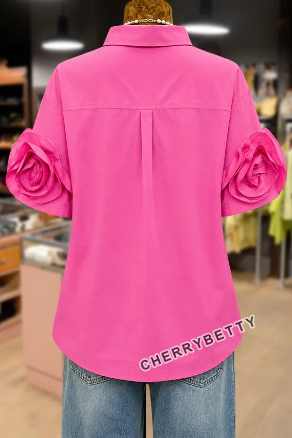 Solid Collared Short Sleeve  Rose Floral Cuff Blouse