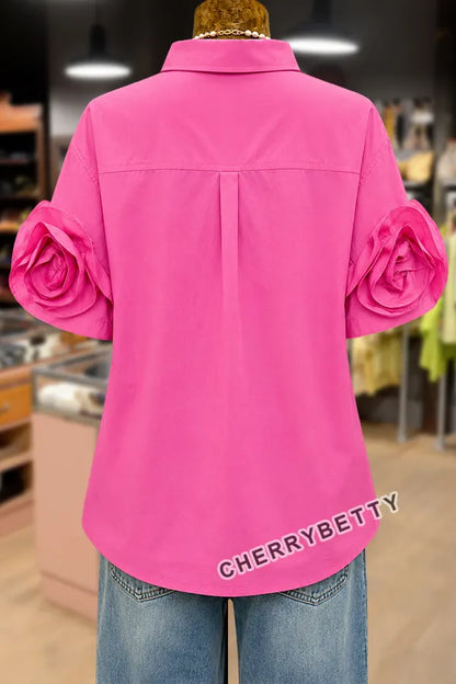 Solid Collared Short Sleeve  Rose Floral Cuff Blouse