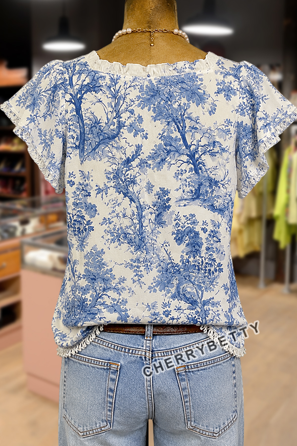Vintage Botanical Print Ruffle Sleeve Frayed Hem Top