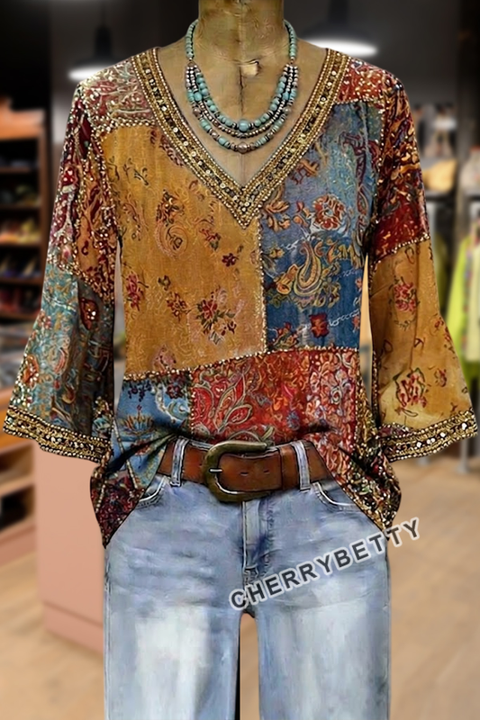 Colorful Vintage Floral Print V-Neck Top