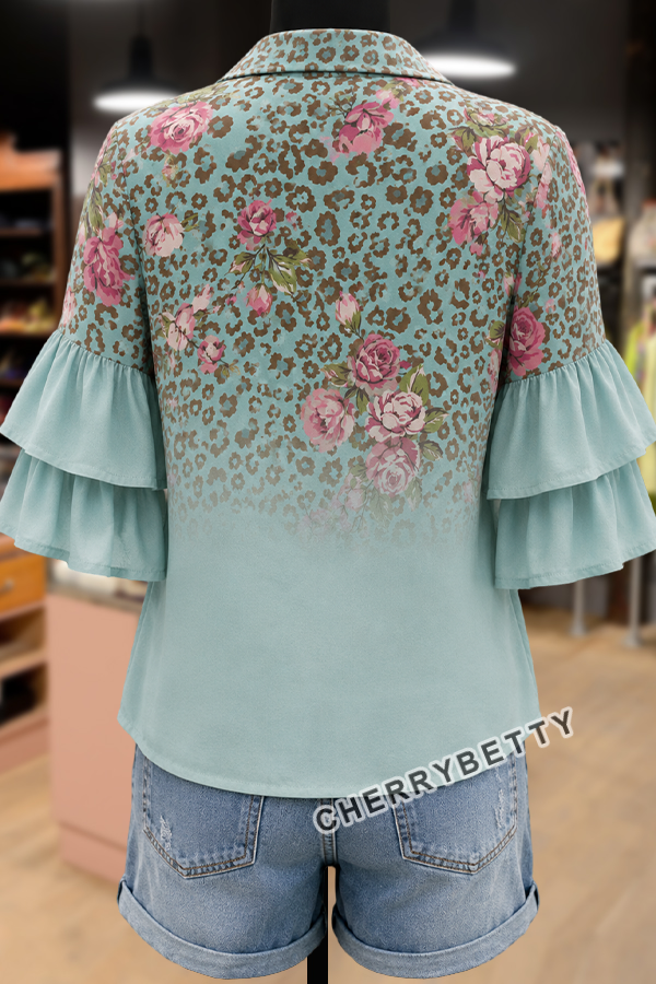 Gradient Leopard Floral Print Ruffle Sleeve Top