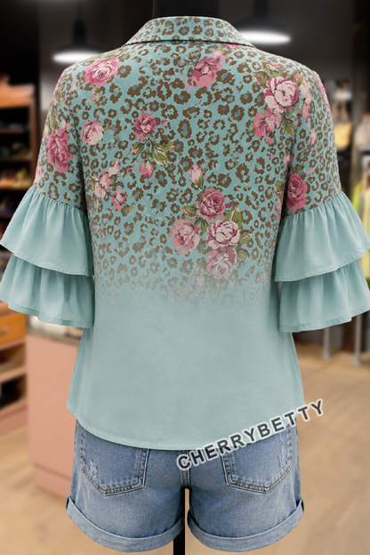 Gradient Leopard Floral Print Ruffle Sleeve Top