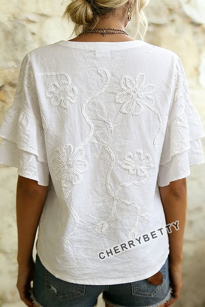 Elegant Flower Embroidered Button Up Ruffle Sleeve Cotton Top