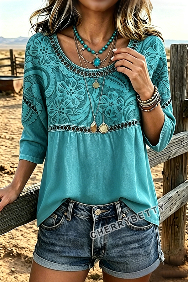 Retro Floral Print Hollow Out Top