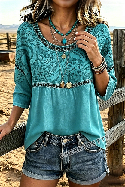 Retro Floral Print Hollow Out Top