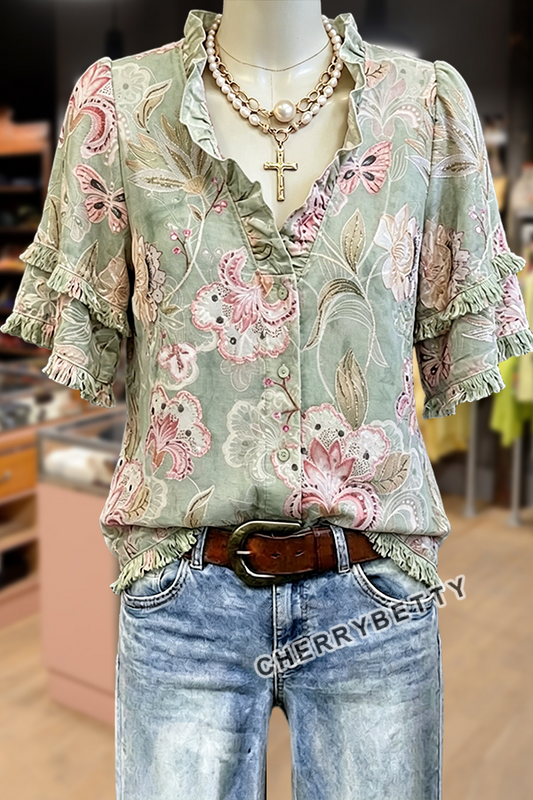 Vintage Floral Print Ruffle Neck Frayed Hem Top