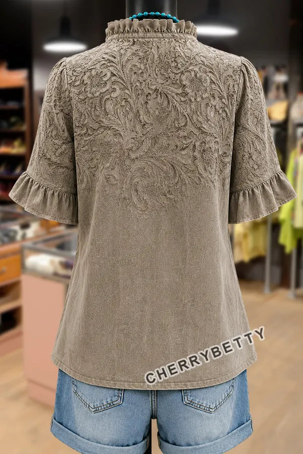 Vintage Floral Print V-Neck Ruffle Sleeve Blouse