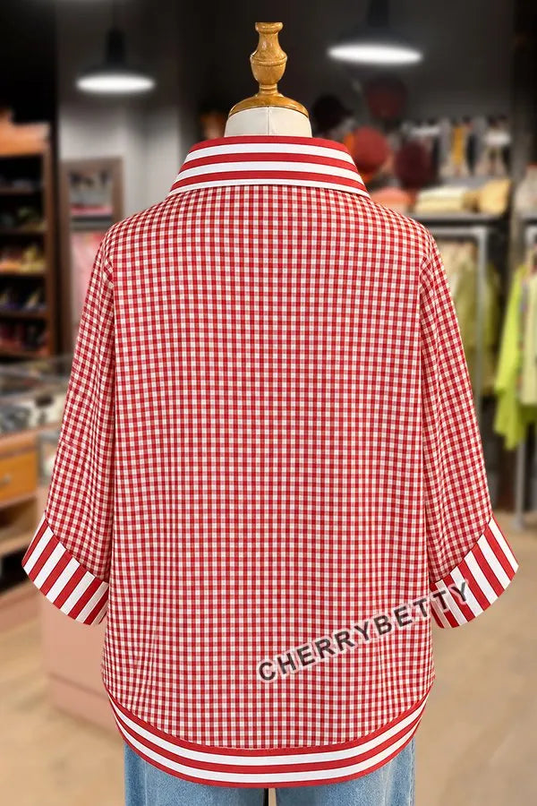 Classic Gingham Pattern Striped Collar Three Quater Sleeve Blouse