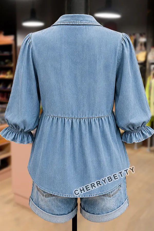 Solid Notch Neck Puff Sleeve Denim Blouse