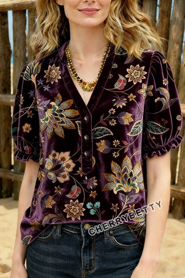 Vintage Floral Print V-Neck Puff Sleeve Velvet Top