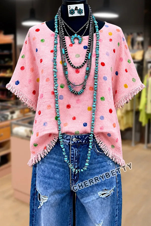 Colorful Polka Dot Print Side Slit Fringe Hem Top