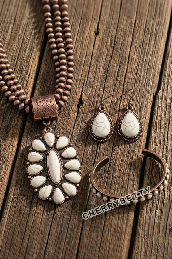 Boho Beaded White Stone Necklace,Earrings And Bracelet Set