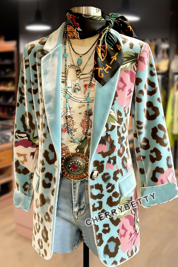 Leopard Floral Print Velvet Blazer