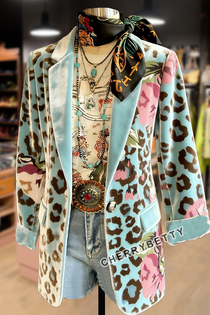Leopard Floral Print Velvet Blazer