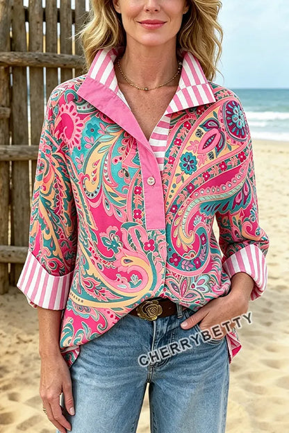 Retro Paisley Print Striped Collar Three Quater Sleeve Blouse