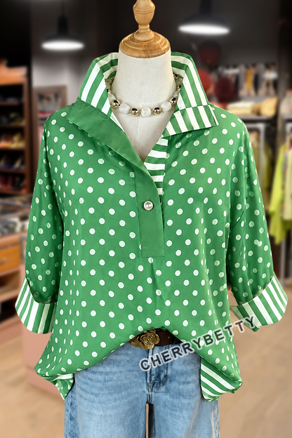 Mixed Polka Dot Print Striped Collar Three Quater Sleeve Blouse