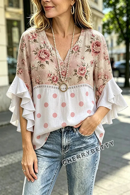 Contrast Floral Polka Dot Print Ruffle Sleeve Top