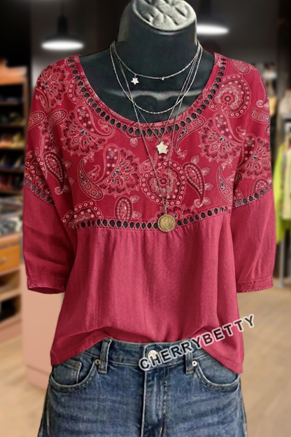 Vintage Paisley Floral Print  Hollow Out Cotton Top
