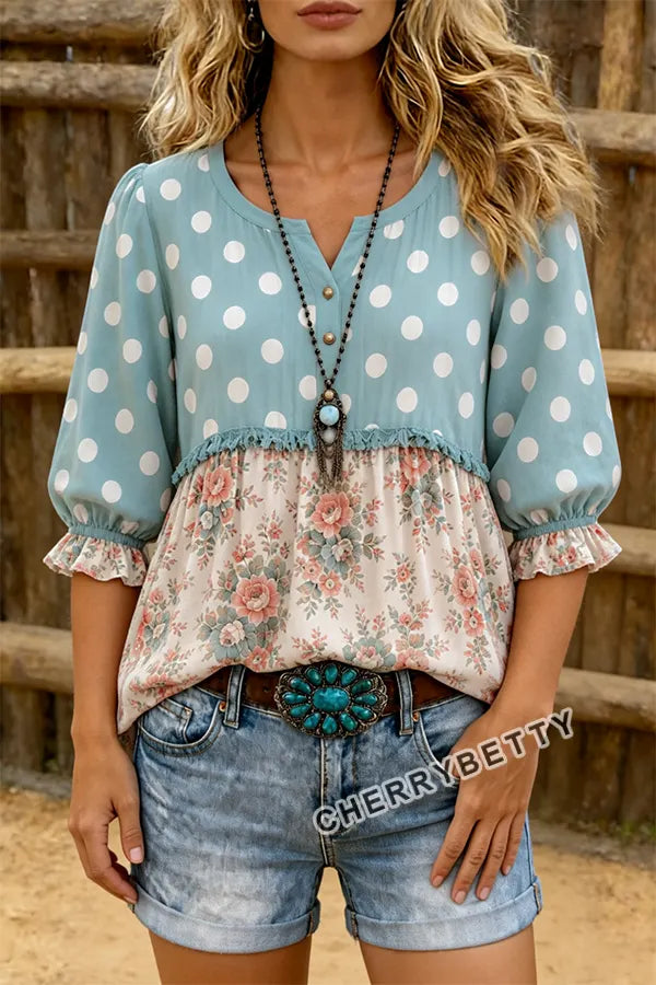 Mixed Polka Dot Floral Print Notch Neck Puff Sleeve Top