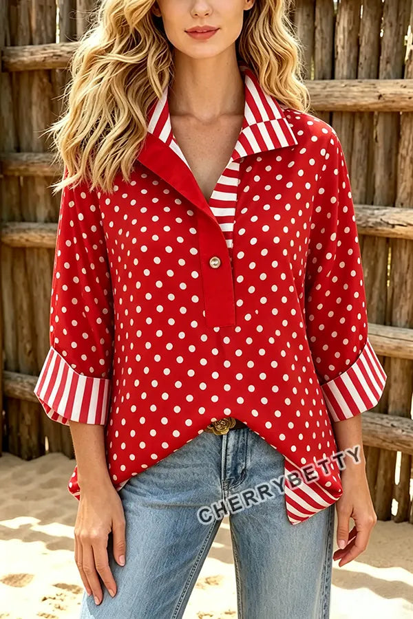 Mixed Polka Dot Print Striped Collar Three Quater Sleeve Blouse