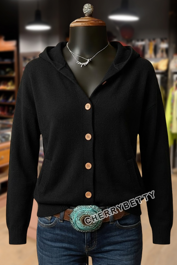Solid Button Detailed Hoodie Sweater