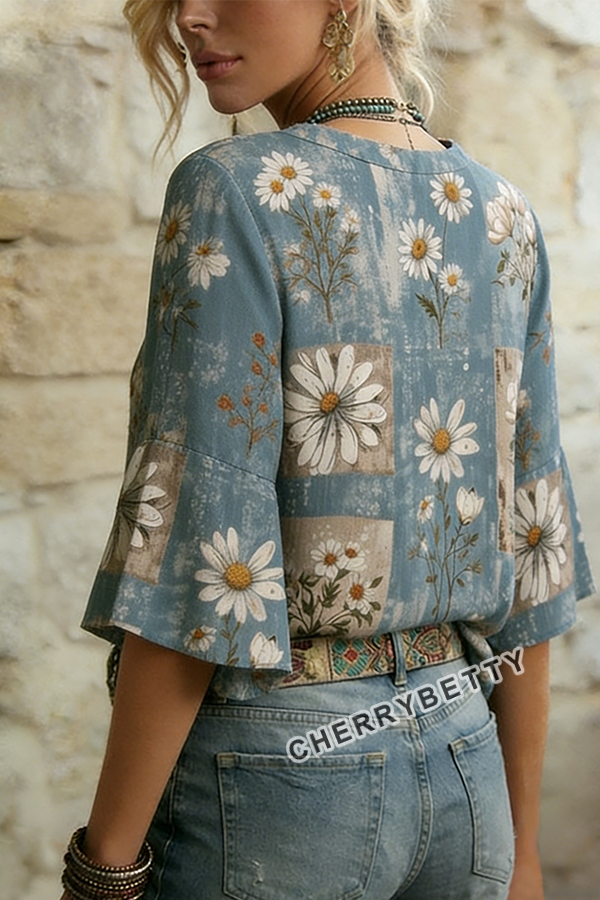 Mixed Vintage Floral Print Notch Neck Ruffle Sleeve Blouse
