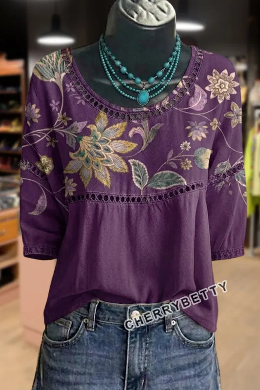 Vintage Floral Print Hollow Out Top