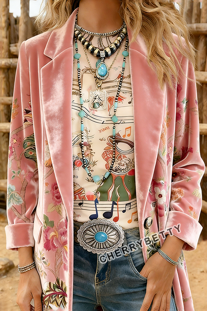 Vintage Floral Print Velvet Blazer