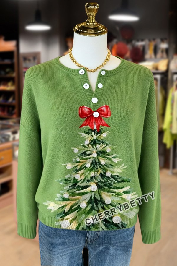 Christmas Tree Pattern Button Detailed Long Sleeve Sweater
