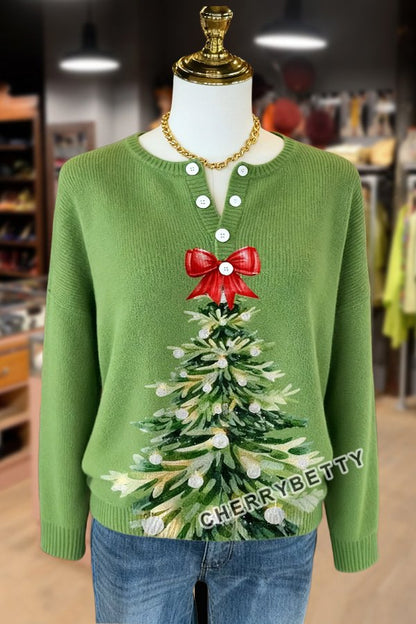 Christmas Tree Pattern Button Detailed Long Sleeve Sweater