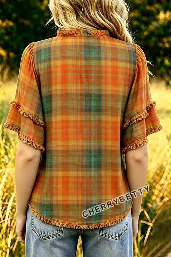 Vintage Plaid Ruffle Neck Frayed Hem Top