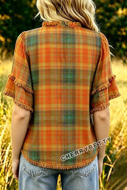 Vintage Plaid Ruffle Neck Frayed Hem Top