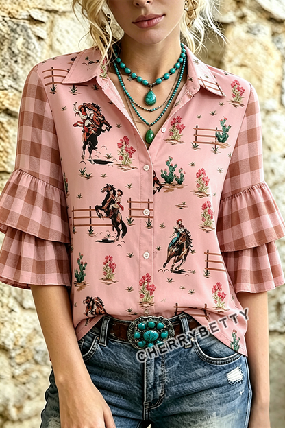 Western Cowboy Print Plaid Layered Ruffle Sleeve Top