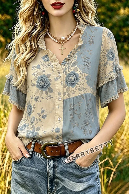 Mixed Floral Print Ruffle Neck Frayed Hem Top