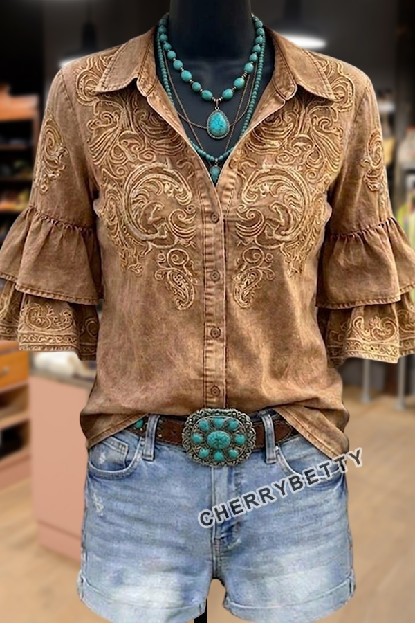 Retro Flower Embroidered Collared Ruffle Sleeve Top
