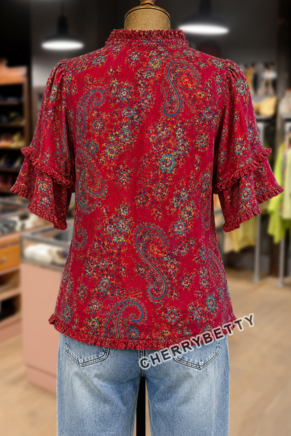 Vintage Paisley Print Ruffle Neck Frayed Hem Top