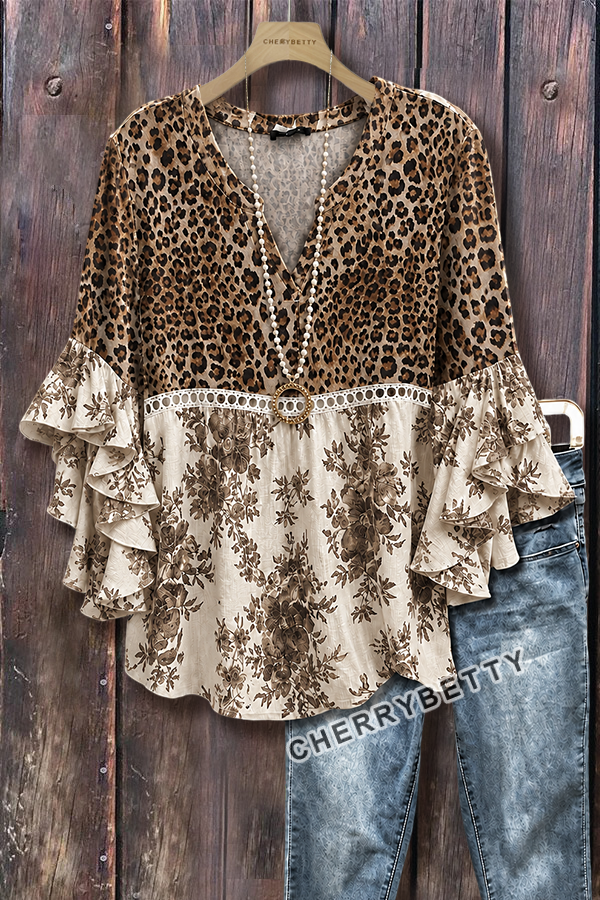 Vintage Leopard Floral Print Ruffle Sleeve Hollow Out Top
