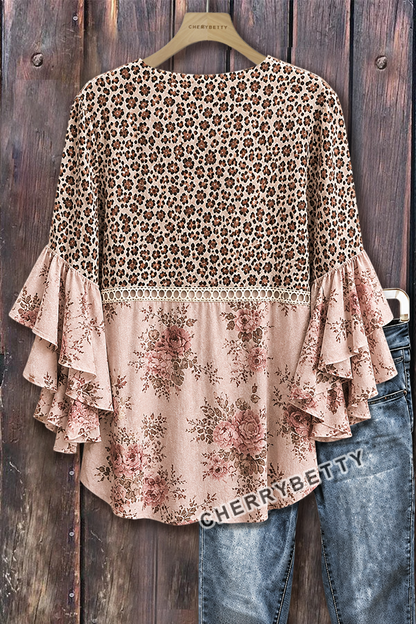 Vintage Leopard Floral Print  Ruffel Sleeve Top