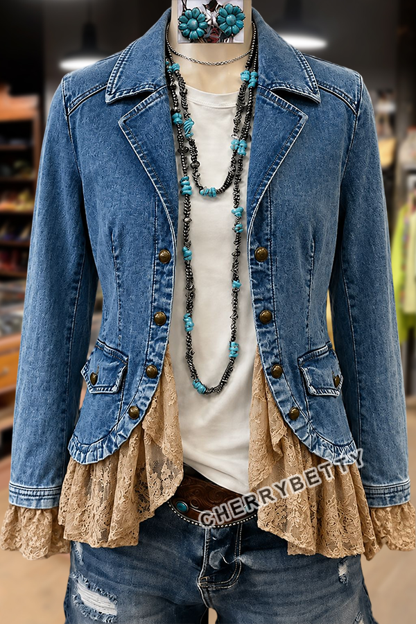Solid Collar Long Sleeve Lace Ruffle Hem Jacket
