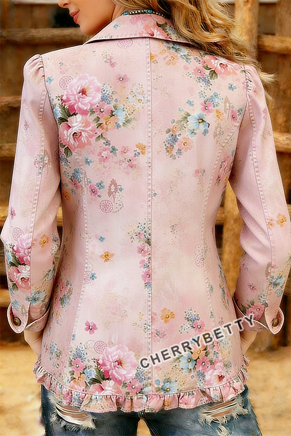 Vintage Floral Print Ruffle Trim Collared Jacket