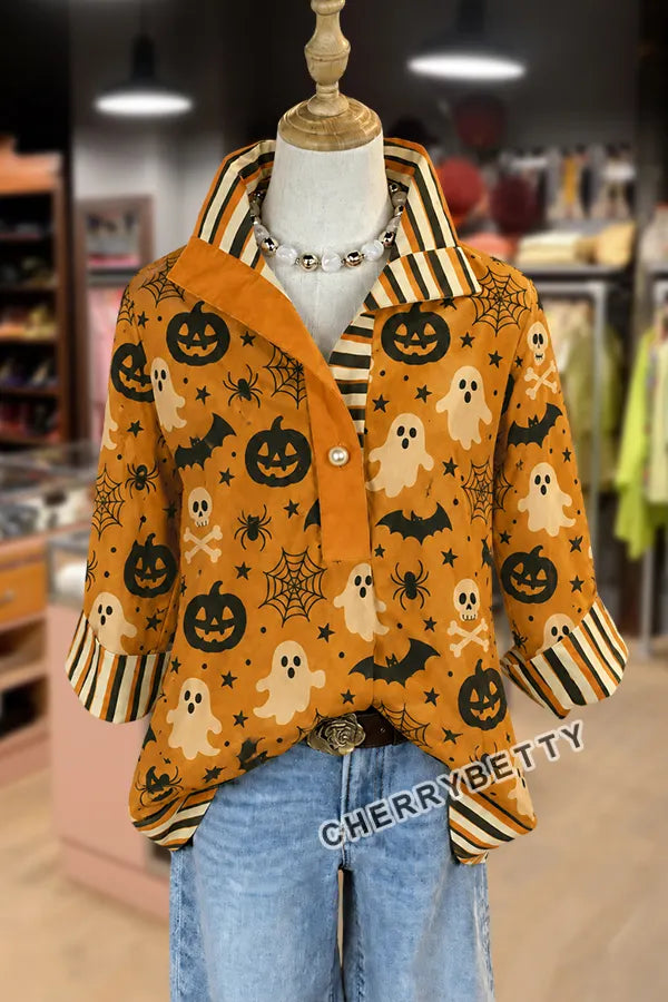Halloween Ghost Pumpkin Print Striped Collar Three Quater Sleeve Blouse