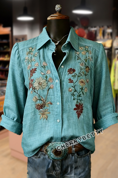 Vintage Floral Embroidered Collared Long Sleeve Blouse